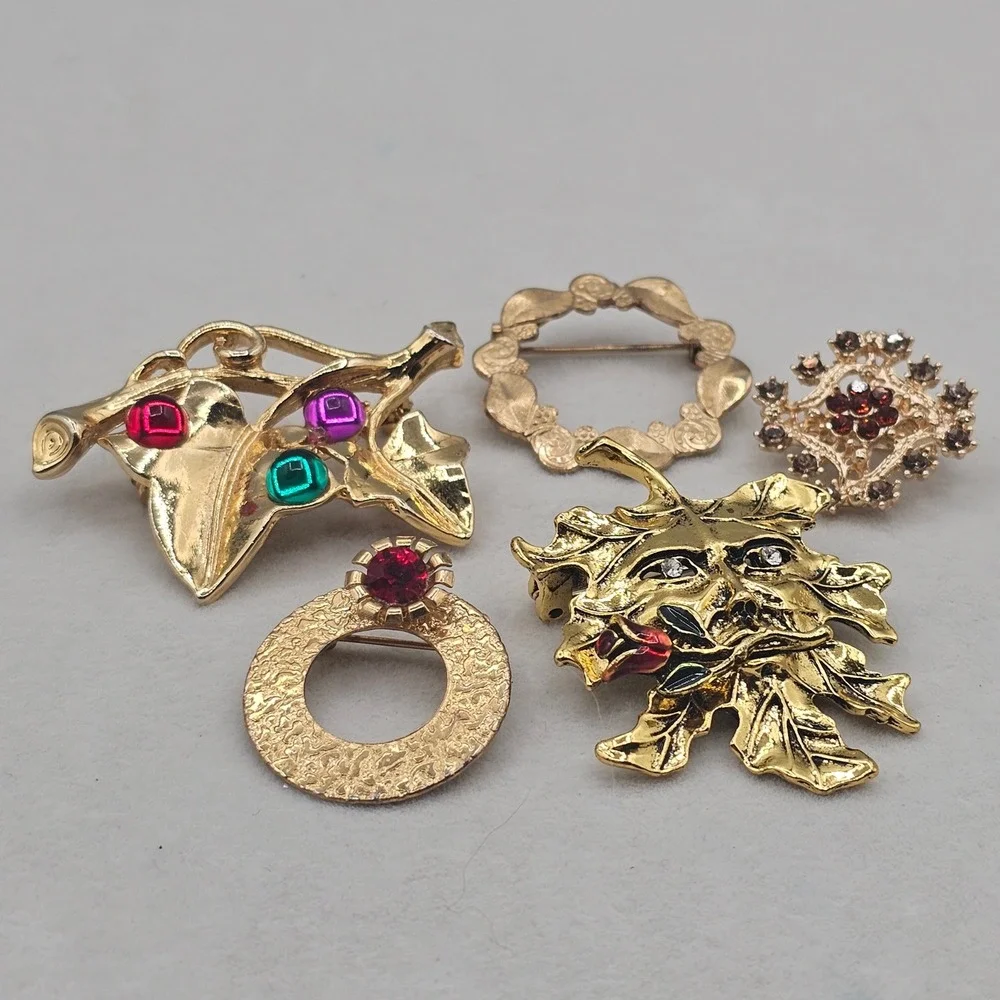 Rhinestone Brooch Lot Gold Tone Leaf Wreath Botanical 5pc Nature